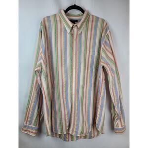 Lands End Men's Striped Long Sleeve Button Up Shirt Blue Green Red Yellow Sz XL